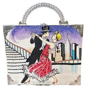 Vintage Handmade Cigar Box Purse Beaded Handle Dancing Couple Braciano Box Bag